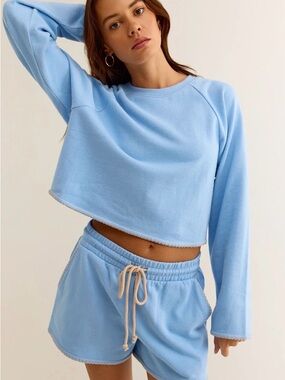 Z Supply Seville Cropped Crewneck Cotton Sweatshirt Light Blue